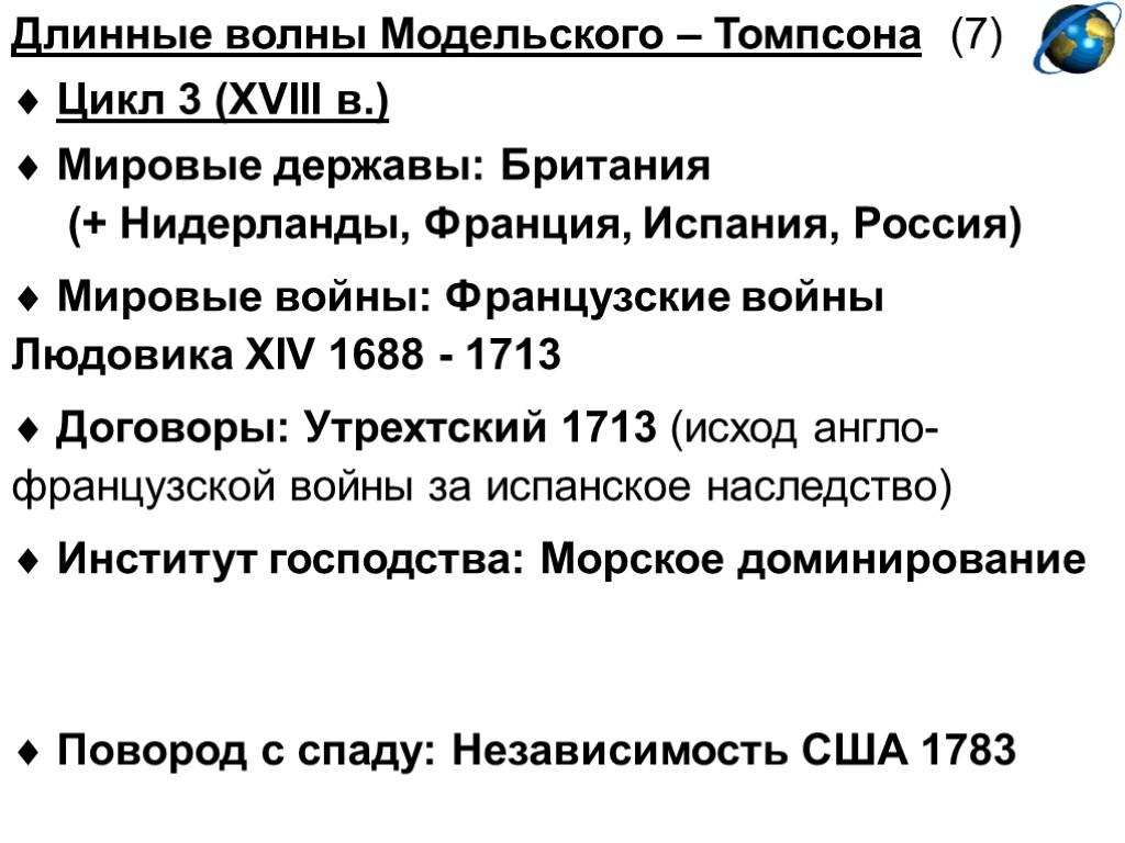 Длинные волны Модельского – Томпсона (7)  Цикл 3 (XVIII в.)  Мировые державы: